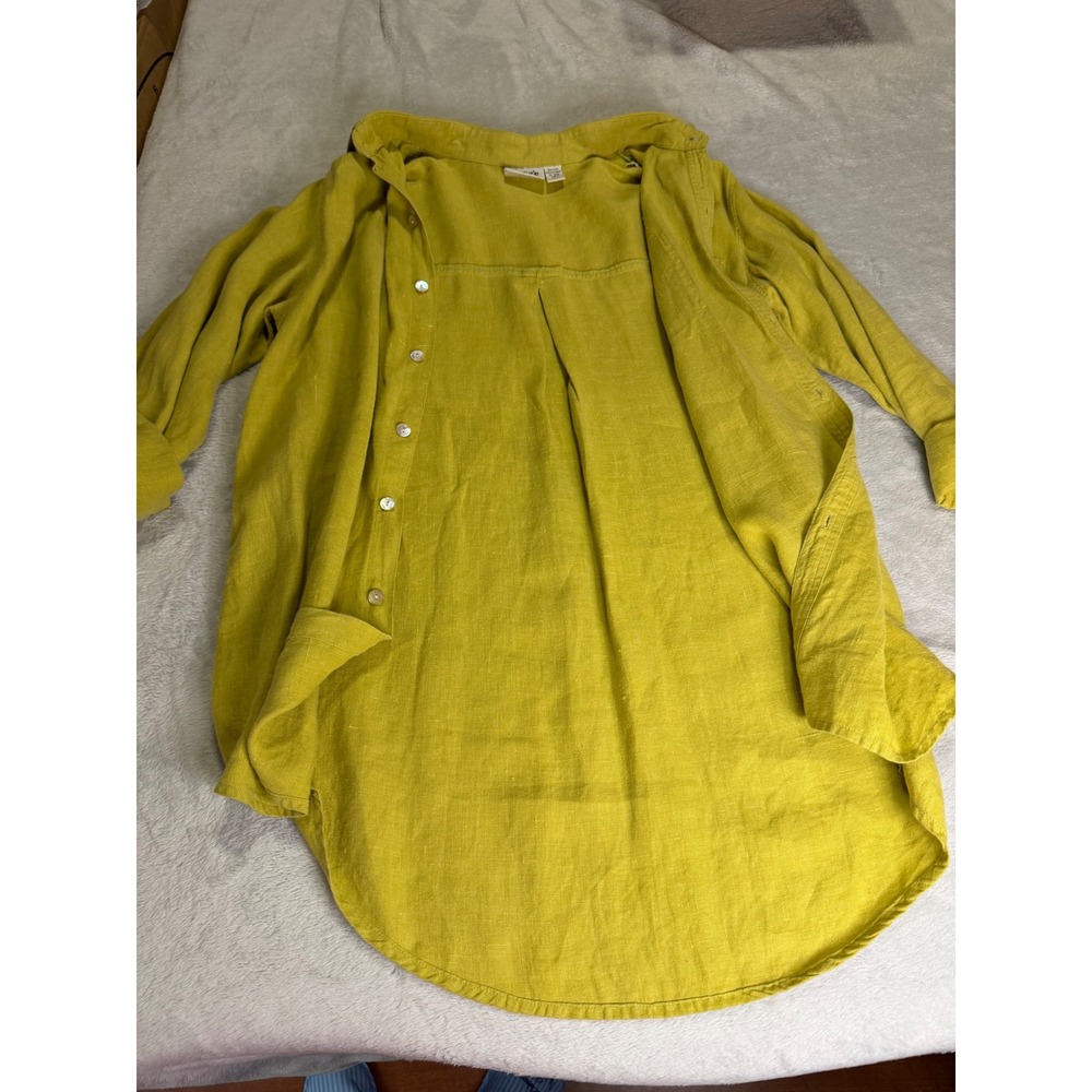 Chicos Design Linen Button Down Shirt Chartreuse Yellow Tunic Size 2 Large